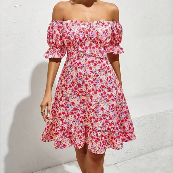 SHEIN Pink Red Floral Off-Shoulder Puff Sleeve Mini Sundress Women’s Size Small - Picture 1 of 10